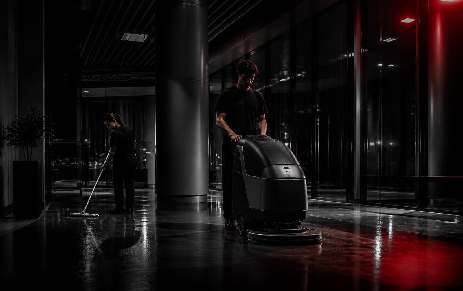 GT crew cleaning an office lobby at night